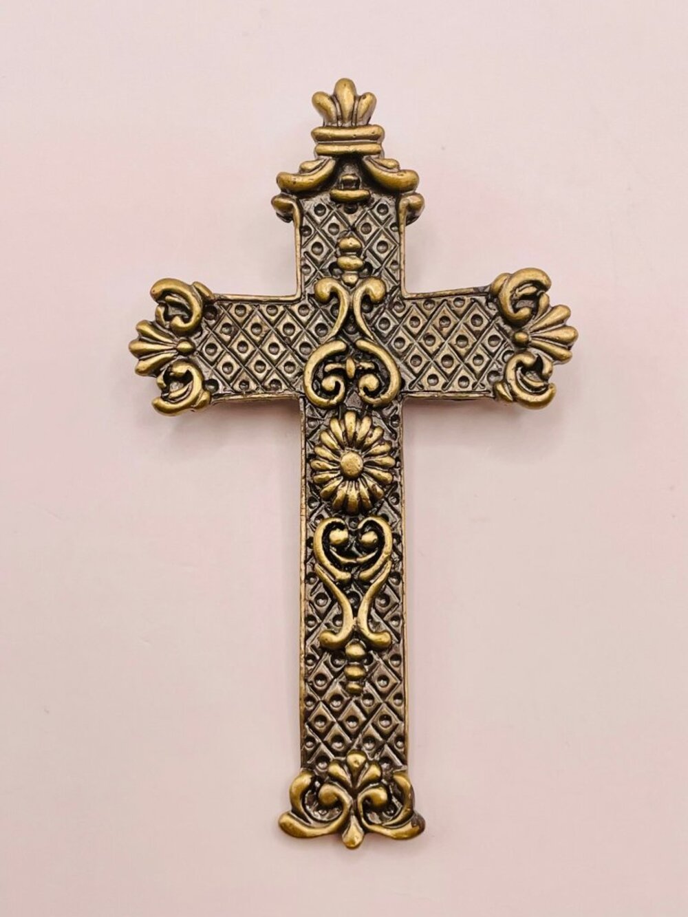 Ornate Bronze Gold-Tone Cross Brooch Floral & Scroll Vintage Inspired -77B